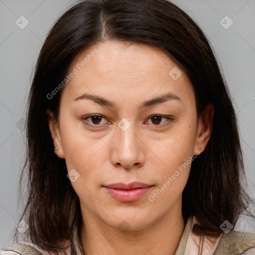 Neutral white young-adult female with medium  brown hair and brown eyes