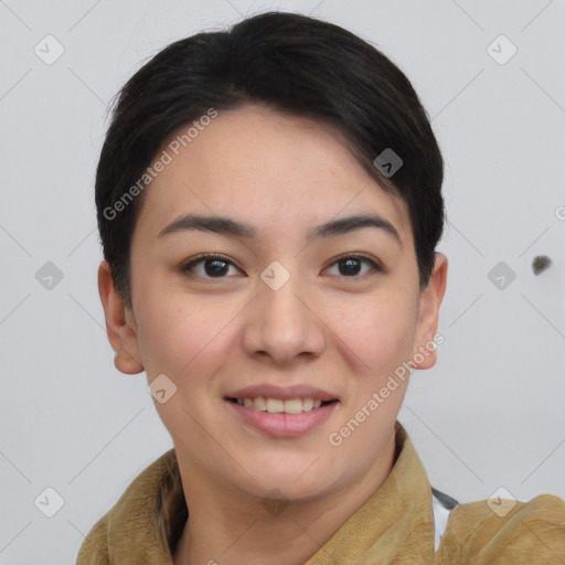 Joyful asian young-adult female with short  brown hair and brown eyes