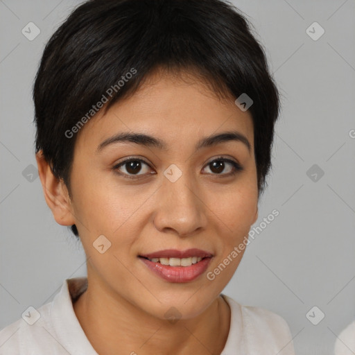 Joyful latino young-adult female with short  brown hair and brown eyes