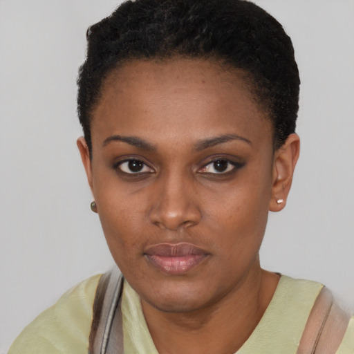 Neutral black young-adult female with short  black hair and brown eyes