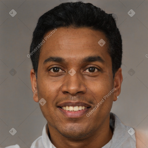 Joyful latino young-adult male with short  black hair and brown eyes