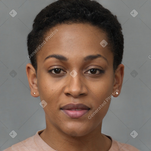 Joyful black young-adult female with short  brown hair and brown eyes