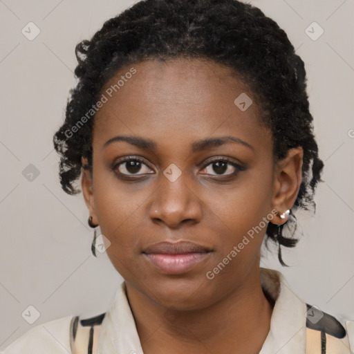 Neutral black young-adult female with short  black hair and brown eyes