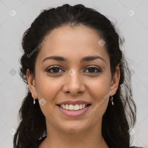 Joyful latino young-adult female with long  brown hair and brown eyes