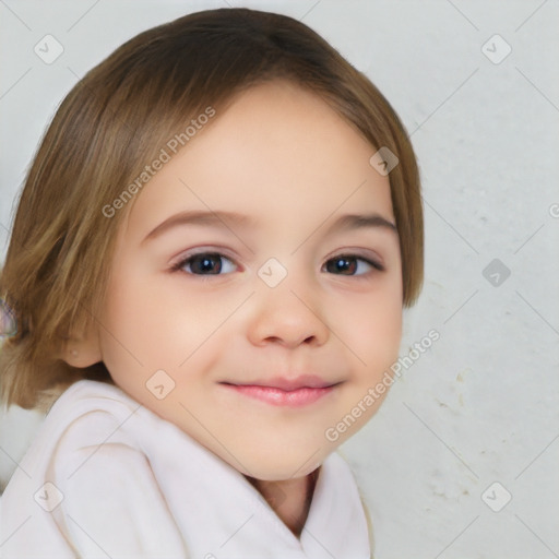 Joyful white child female with short  brown hair and brown eyes