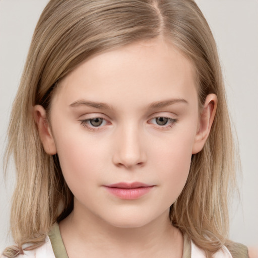 Neutral white child female with medium  brown hair and grey eyes