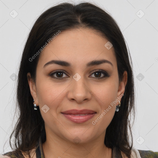 Joyful latino young-adult female with medium  brown hair and brown eyes