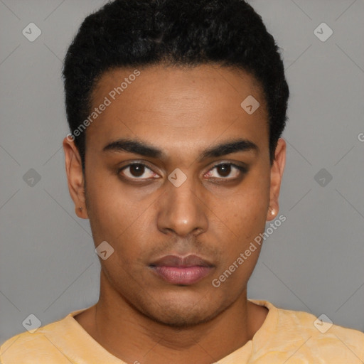 Neutral latino young-adult male with short  black hair and brown eyes