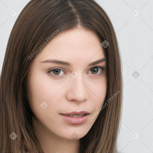 Neutral white young-adult female with long  brown hair and brown eyes