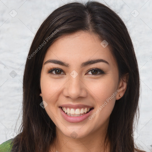 Joyful white young-adult female with long  brown hair and brown eyes