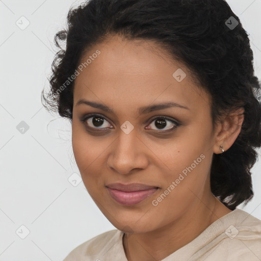 Joyful latino young-adult female with medium  brown hair and brown eyes