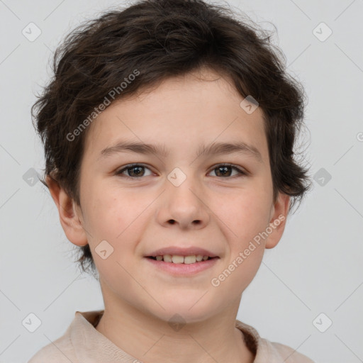 Joyful white child female with short  brown hair and brown eyes