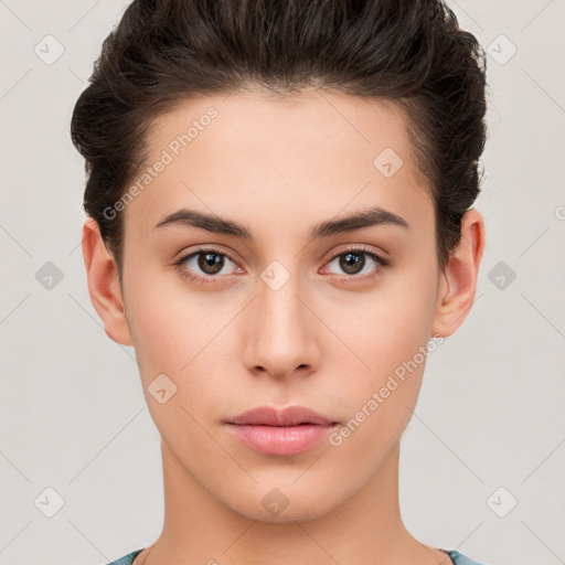 Neutral white young-adult female with short  brown hair and brown eyes