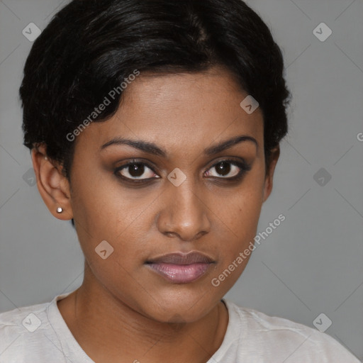 Joyful black young-adult female with short  brown hair and brown eyes