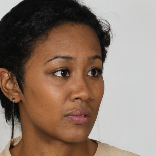 Neutral black young-adult female with short  brown hair and brown eyes