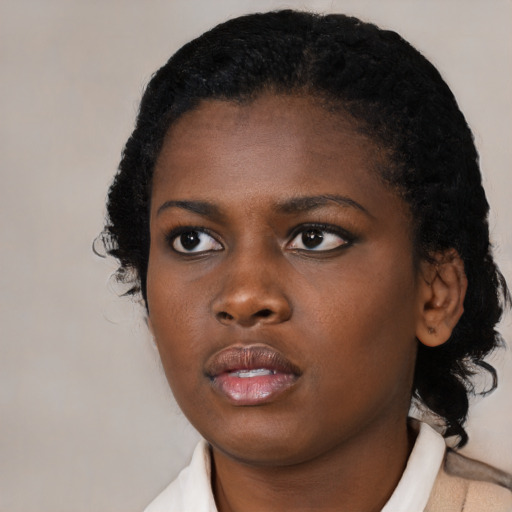 Neutral black young-adult female with short  black hair and brown eyes