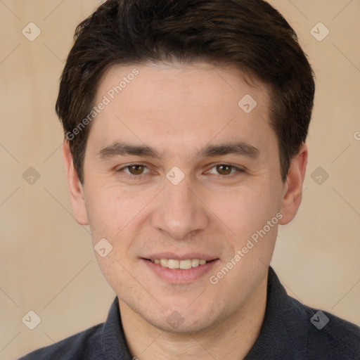 Joyful white young-adult male with short  brown hair and brown eyes