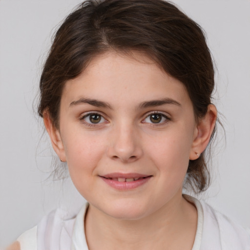 Joyful white child female with medium  brown hair and brown eyes