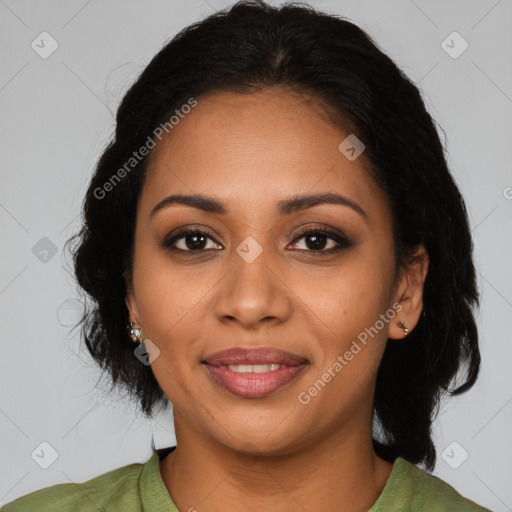 Joyful latino young-adult female with medium  black hair and brown eyes