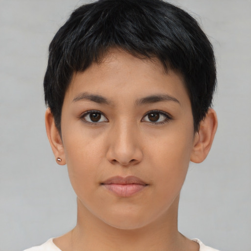 Neutral asian young-adult female with short  brown hair and brown eyes