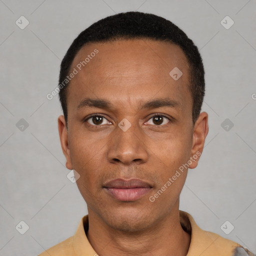 Neutral latino young-adult male with short  black hair and brown eyes