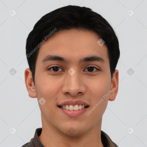 Joyful asian young-adult male with short  black hair and brown eyes