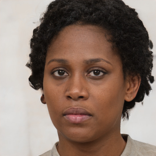 Neutral black young-adult female with short  black hair and brown eyes