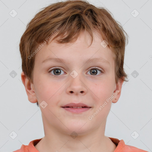 Joyful white child male with short  brown hair and brown eyes