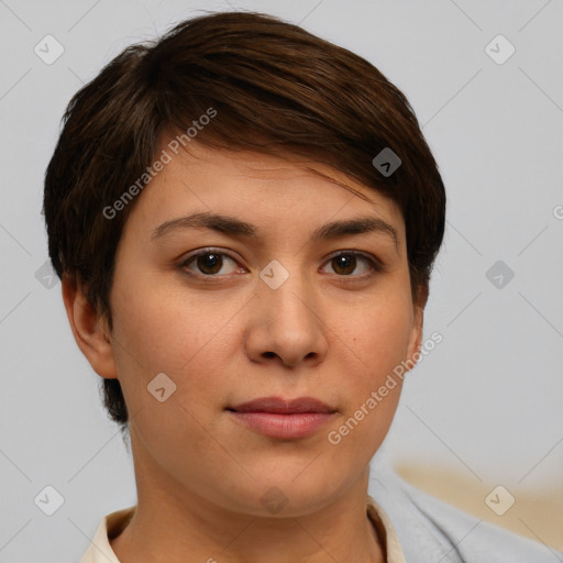 Neutral white young-adult female with short  brown hair and brown eyes