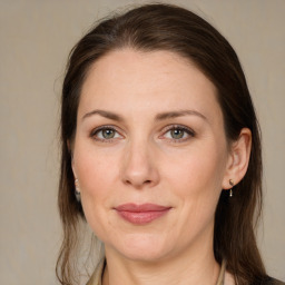 Joyful white adult female with medium  brown hair and grey eyes