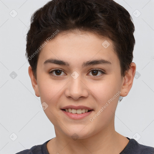 Joyful white young-adult female with short  brown hair and brown eyes