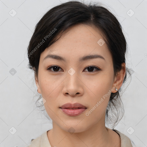 Neutral asian young-adult female with medium  black hair and brown eyes