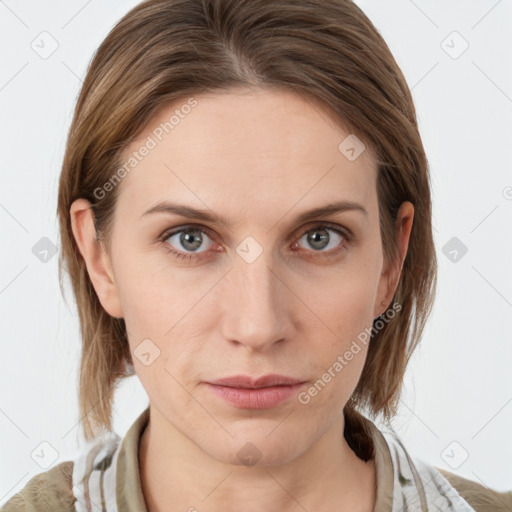 Neutral white young-adult female with medium  brown hair and grey eyes