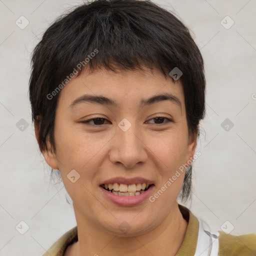 Joyful white young-adult female with short  brown hair and brown eyes