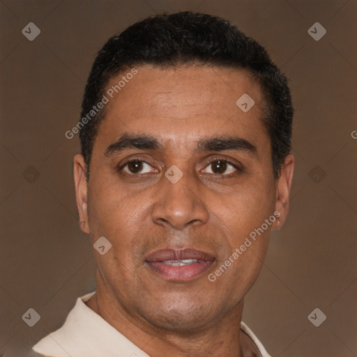 Neutral latino adult male with short  black hair and brown eyes