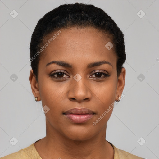 Neutral black young-adult female with short  black hair and brown eyes