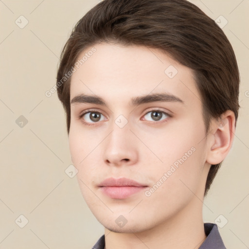 Neutral white young-adult male with short  brown hair and brown eyes