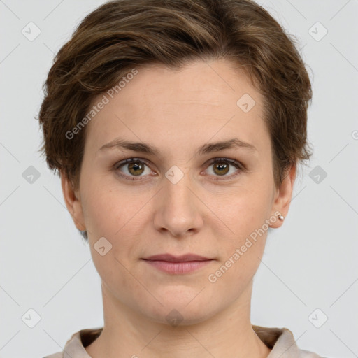 Joyful white young-adult female with short  brown hair and grey eyes