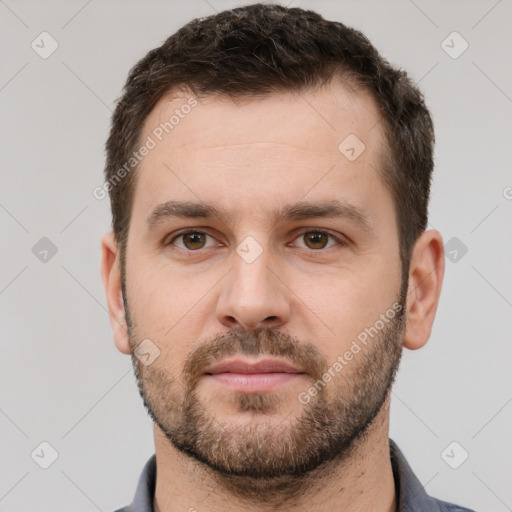 Neutral white young-adult male with short  brown hair and brown eyes