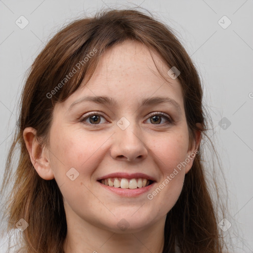 Joyful white young-adult female with long  brown hair and grey eyes