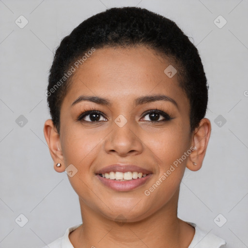 Joyful latino young-adult female with short  brown hair and brown eyes