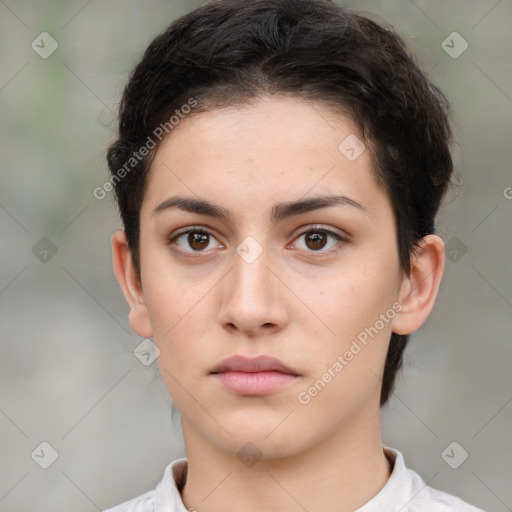 Neutral white young-adult female with medium  brown hair and brown eyes