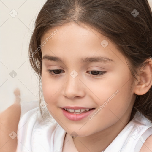 Joyful white child female with medium  brown hair and brown eyes