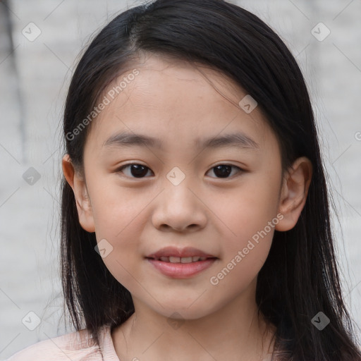 Joyful white child female with medium  brown hair and brown eyes