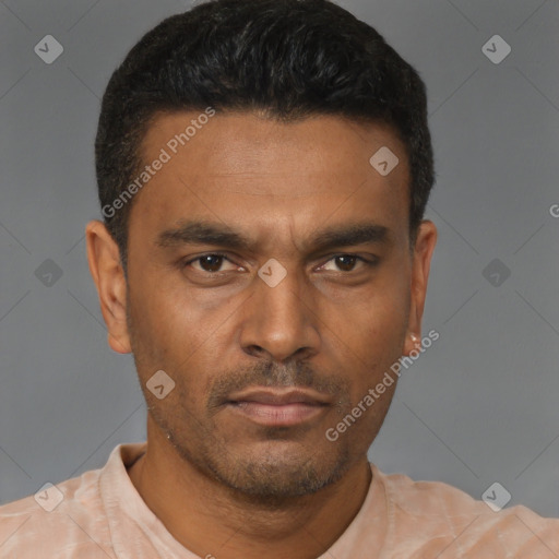 Neutral latino young-adult male with short  black hair and brown eyes