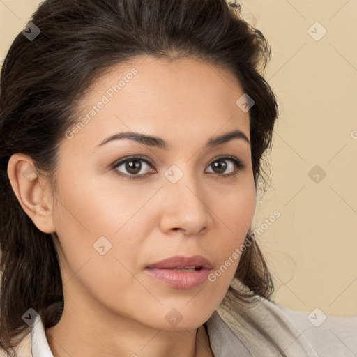 Neutral white young-adult female with medium  brown hair and brown eyes