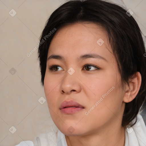 Neutral white young-adult female with medium  brown hair and brown eyes