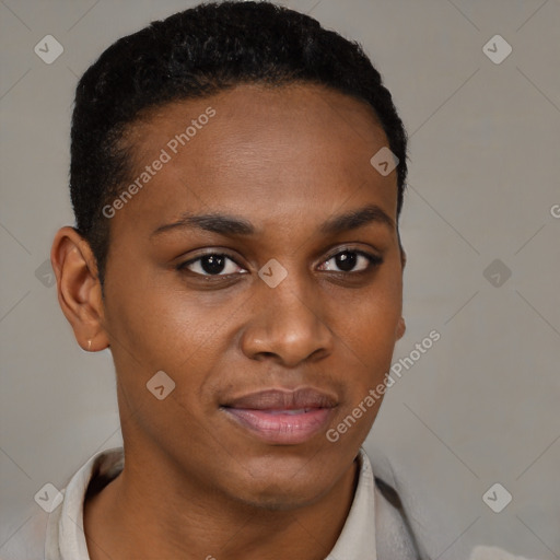 Joyful black young-adult female with short  black hair and brown eyes