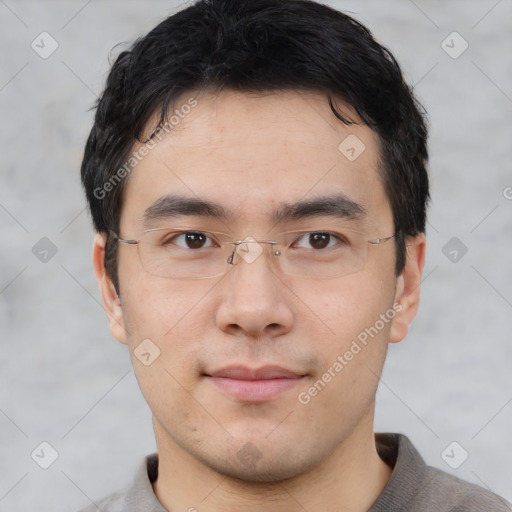 Neutral asian young-adult male with short  black hair and brown eyes