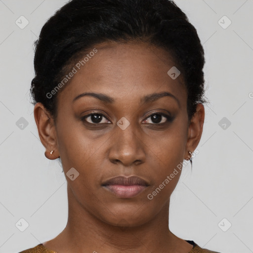 Neutral black young-adult female with short  black hair and brown eyes